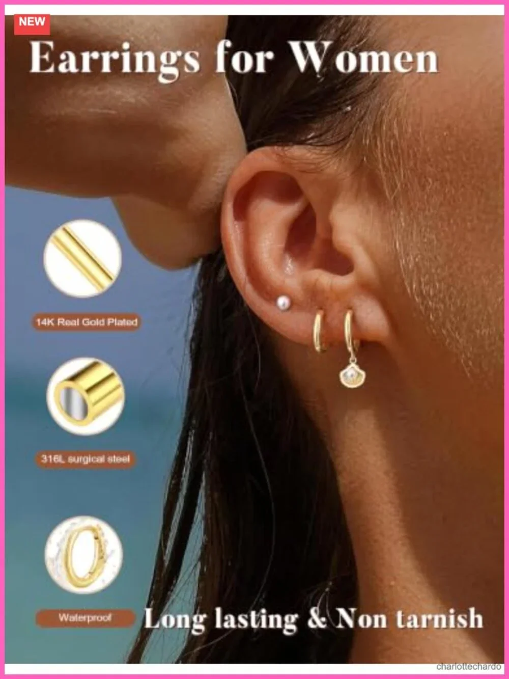 14K Gold-Plated Starfish Shell Drop Earrings Pearl Pendant Beach Jewelry